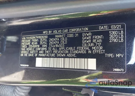 2021 Volvo Xc60 T5 Momentum из США, поврежденный, VIN YV4102RK7M1828290